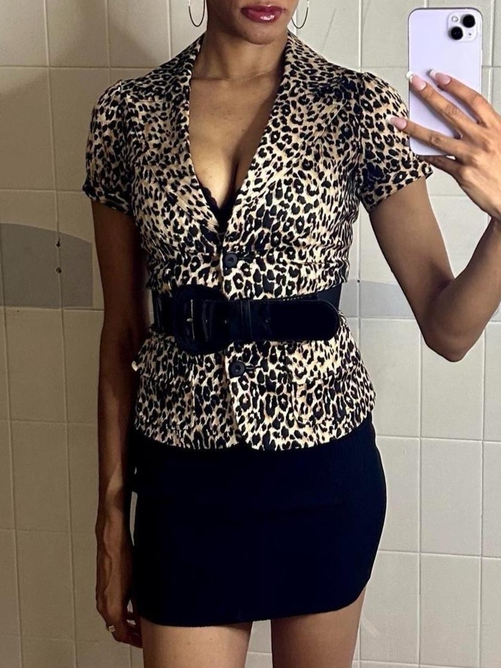 Short Sleeve Leopard Blazer with Black Belt